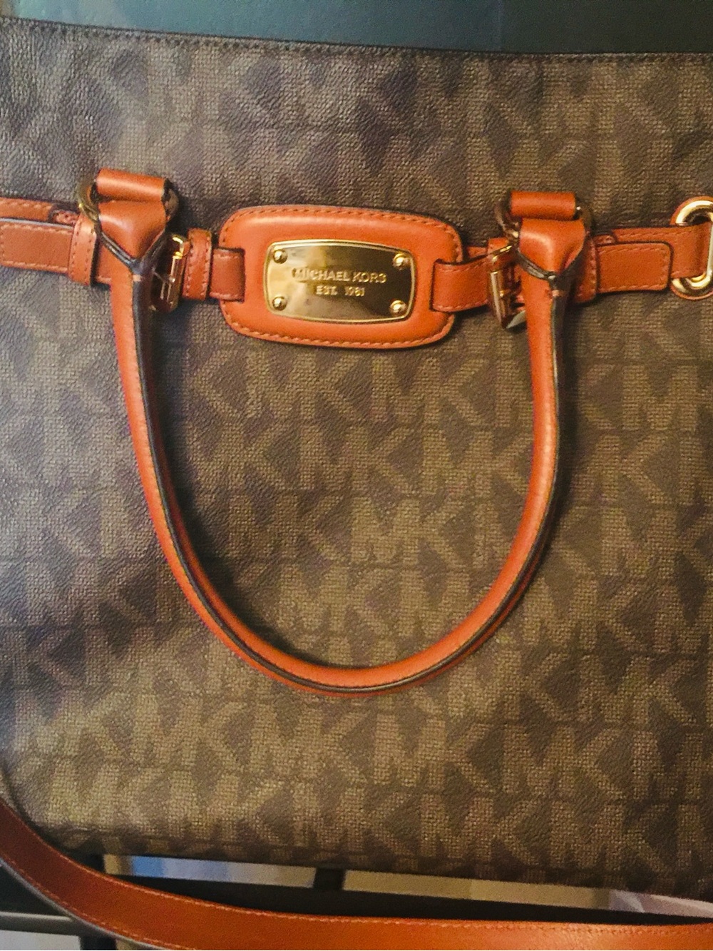 Michael Kors Brown Logo Satchel with Tan Trim
